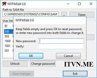 đổi mật khẩu windows bằng NTPWEdit